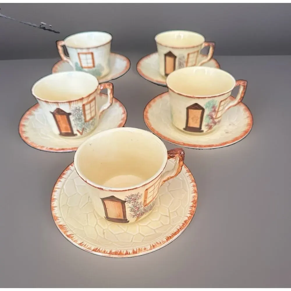 Vintage Keele Street Pottery Cottage Core Hand Painted Tea Cups Set Of 5 UK